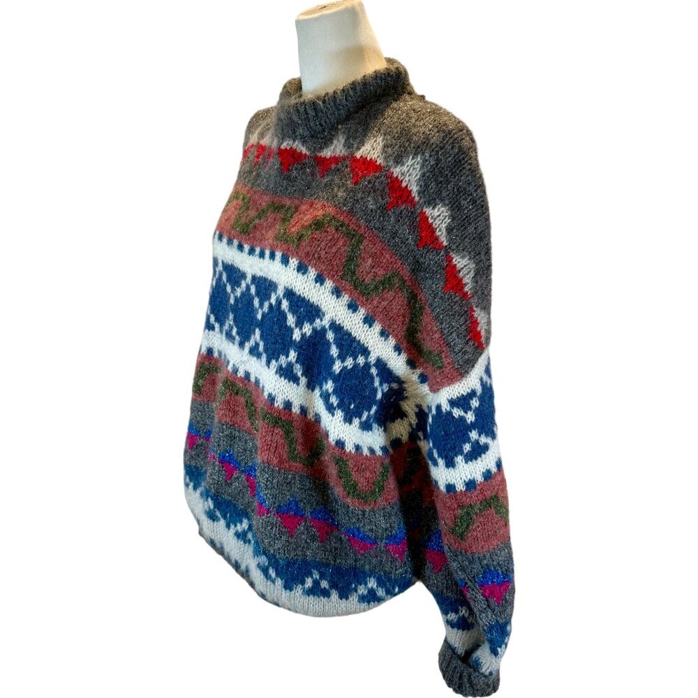 Vintage Hand-Knit Wool Blend Sweater Multicolor Geometric Pattern
